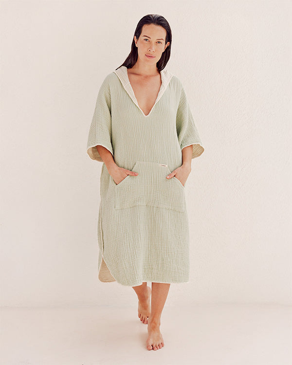 Falta Gauze Hooded Poncho – Sage - SAND CLOUD
