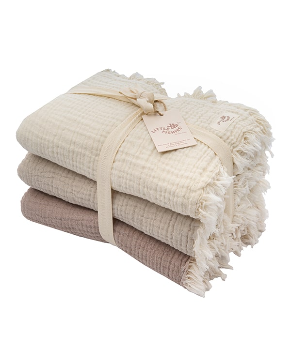 Little Fishies Gauze Receiving Blanket Set – 3 Pack – Natural / Beige / Warm Taupe - SAND CLOUD