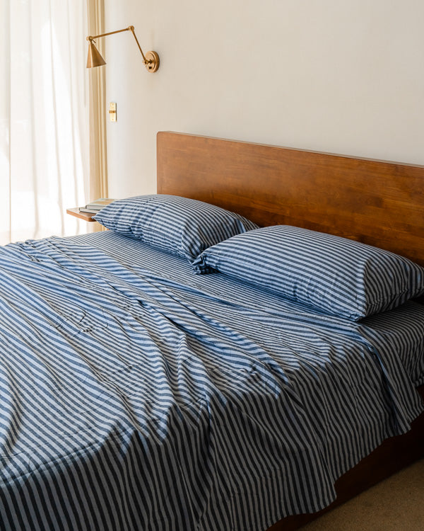 Classic Micro Twill Stripe Melange Flat Top Sheet Indigo - SAND CLOUD