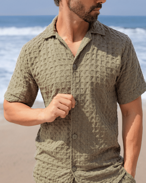 Orb Button Down Waffle Shirt – Olive – Mens - SAND CLOUD