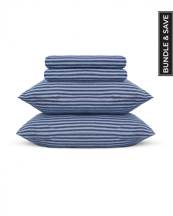 Classic Micro Twill Stripe Melange Sheet Set Indigo - SAND CLOUD
