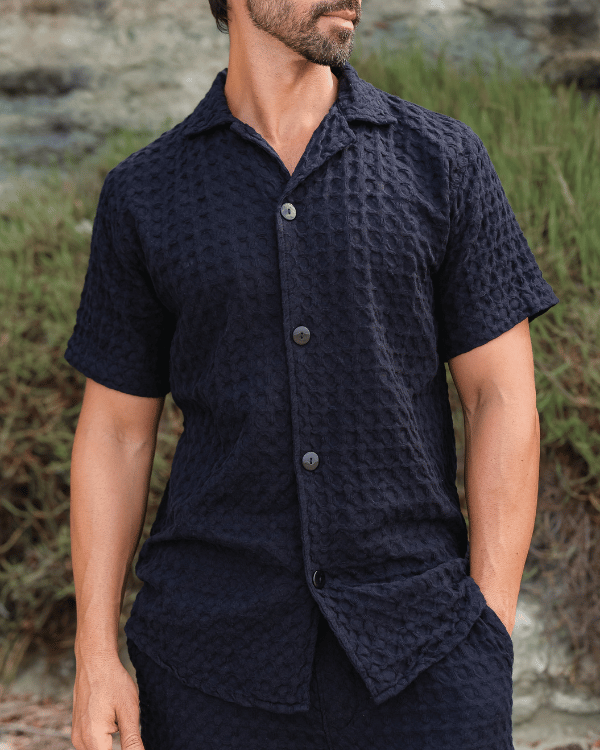 Orb Button Down Waffle Shirt – Black – Mens - SAND CLOUD