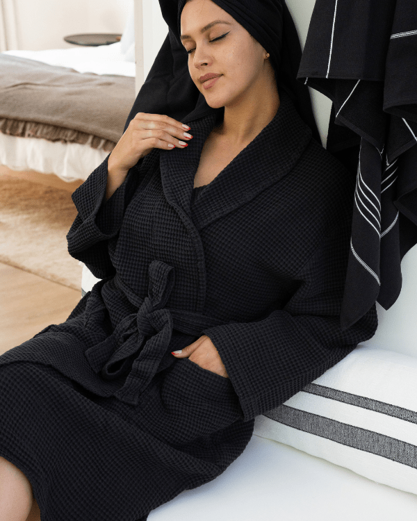 Micro Waffle Robe – Black - SAND CLOUD