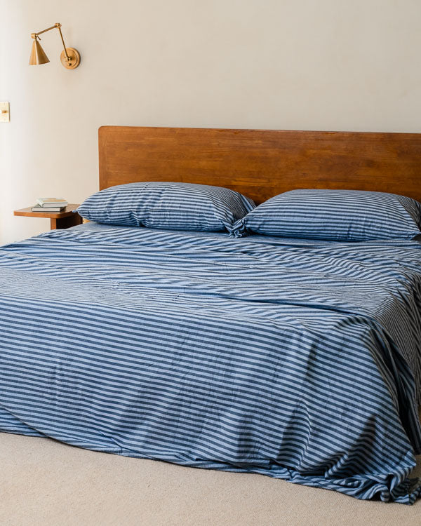 Classic Micro Twill Stripe Melange Flat Top Sheet Indigo - SAND CLOUD