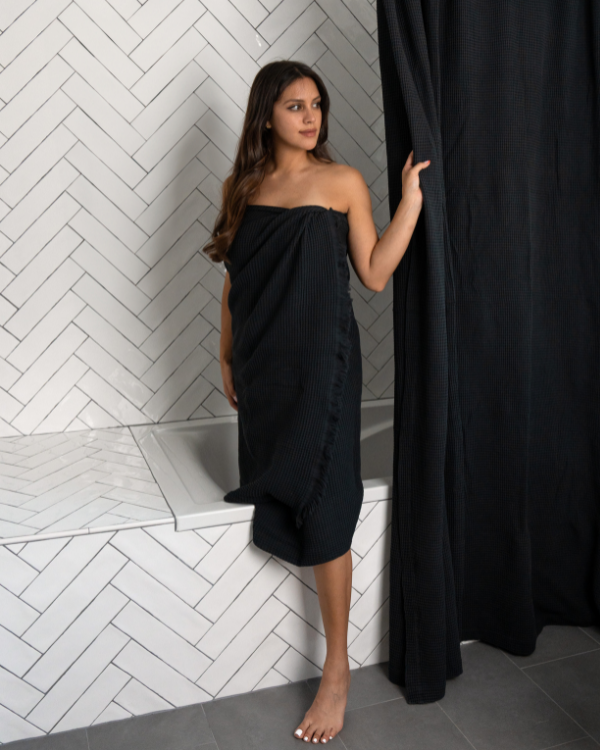 Micro Waffle Shower Curtain – Black - SAND CLOUD